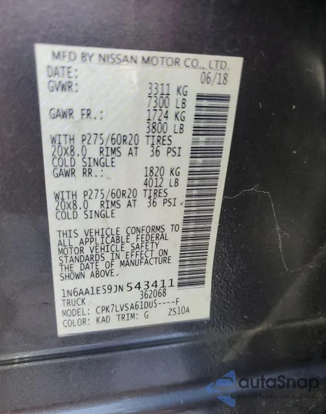 2018 Nissan Titan Sv from USA, damaged, VIN 1N6AA1E59JN543411